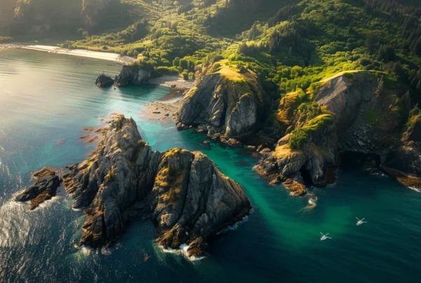 a breathtaking aerial view captures a seward helicopter soaring above dramatic coastal cliffs and glistening waters, revealing hidden gems nestled in a stunning, rugged landscape.