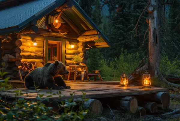 a breathtaking dusk scene in an alaskan wilderness cabin, showcasing a large bear comfortably foraging near a picturesque log deck, illuminated by the warm glow of lanterns, reflecting the tranquil yet wild essence of the region.