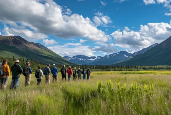 a captivating outdoor scene depicting a group of excited wildlife enthusiasts donned in warm gear, observing majestic bears in the vibrant landscapes of alaska during the peak of summer, with rugged mountains and an expansive sky highlighting the thrilling experience of bear watching.