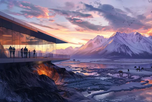 a captivating scene depicts a sleek, modern observation deck overlooking a breathtaking alaskan landscape, with a group of eager wildlife enthusiasts gazing through high-powered binoculars at majestic bears foraging along the rugged shoreline, framed by the dramatic peaks of snow-capped mountains under a vibrant sunset sky.