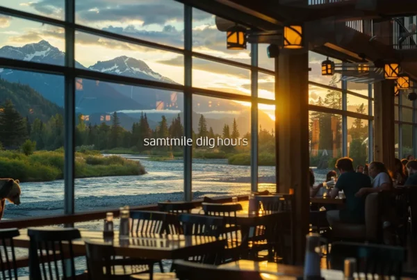 a captivating view of a bustling alaskan lodge deck, framed by panoramic windows, where excited travelers gather, eagerly pointing to nearby mountains as a majestic bear ambling along the riverbank captures their attention against the backdrop of a vibrant sunset.