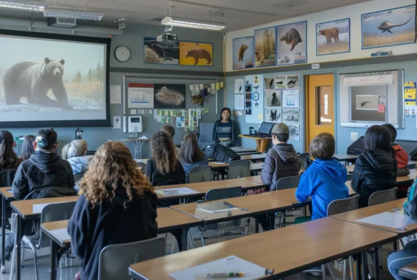 a detailed diagram in a modern classroom setting illustrates the diverse black bear habitats in alaska, prominently featuring striking visuals of varying terrains and climates as educators engage students in learning about wildlife conservation.