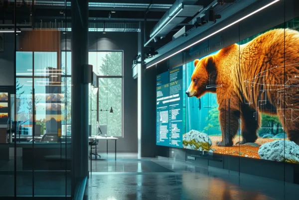 a detailed infographic showcasing bear watching regulations in alaska against a sleek, modern office backdrop, emphasizing clear guidelines and safety measures through bold visuals and structured layouts.
