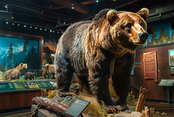 a dramatic interior exhibit showcasing a life-sized grizzly bear model under spotlighting, surrounded by detailed informational displays and vibrant wildlife photography, captivating wildlife enthusiasts with its imposing presence.