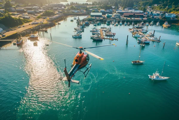 a striking aerial view captures a sleek helicopter soaring over a vibrant harbor filled with classic boats, showcasing the exhilarating contrast between seward helicopter tours and traditional boat tours against a backdrop of urban skyline and shimmering water.